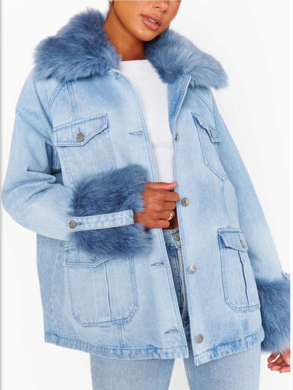Show Me Your MuMu Light Blue Denim Jacket with Plush Blue Faux-Fur Trim